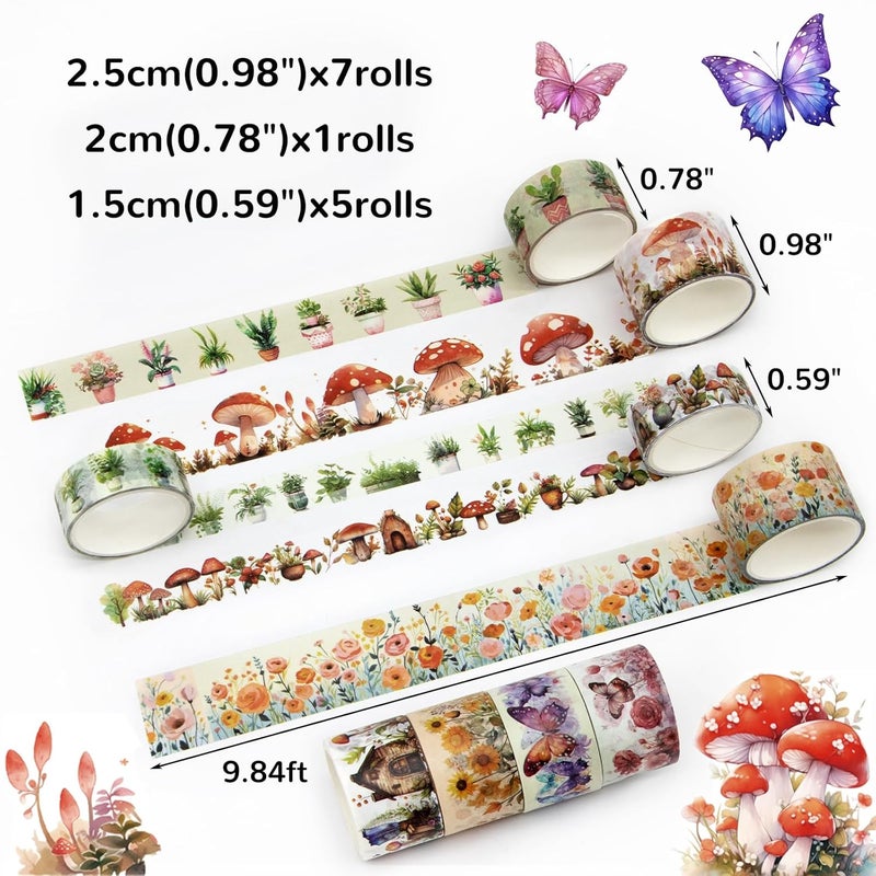 KOVANO Washi Tape Set 13 Rolls - Mushroom Butterfly Floral Decorative Tape, Colored Masking Tape for Scrapbooking Supplies, Bullet Journal Supplies, Junk Journal, DIY Crafts Art - Image 3